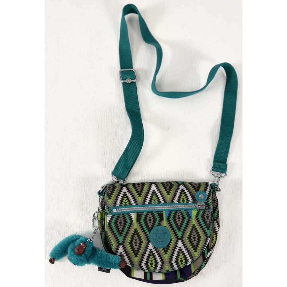 Kipling Crossbody Bag Teal Green Pattern Zip Adjustable Strap Monkey Charm